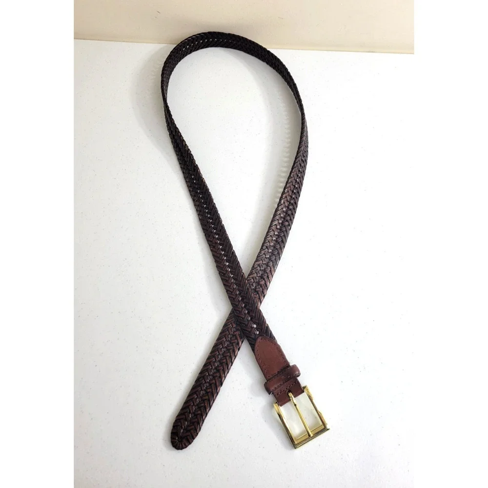 Brown Bonded Leather Woven Braided Belt with Gold Tone Buckle Women's Size 48-50